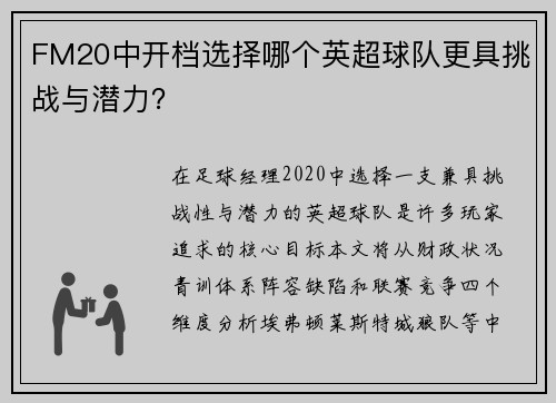 FM20中开档选择哪个英超球队更具挑战与潜力？