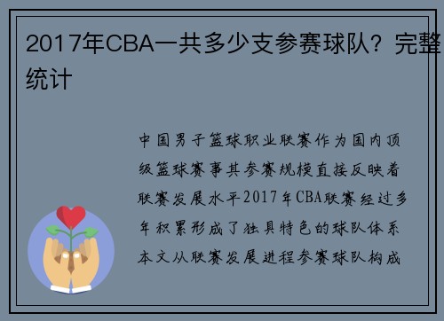 2017年CBA一共多少支参赛球队？完整统计