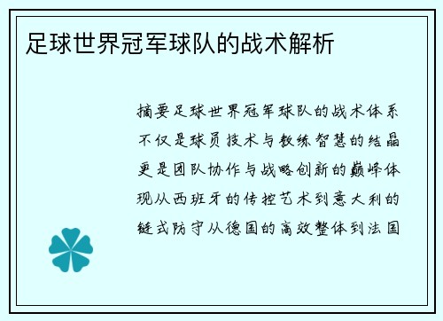 足球世界冠军球队的战术解析