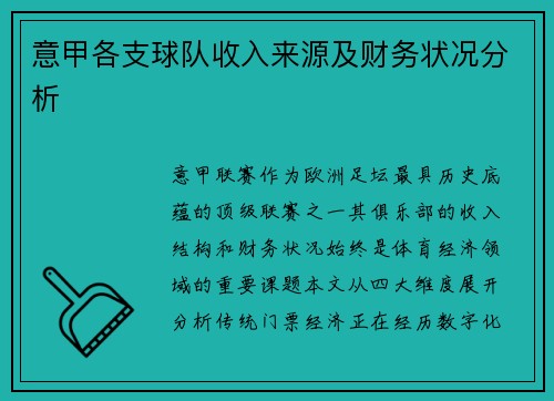 意甲各支球队收入来源及财务状况分析