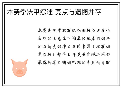 本赛季法甲综述 亮点与遗憾并存